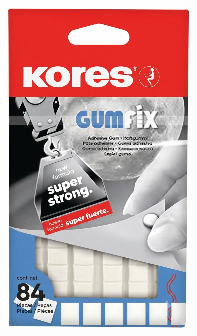 Kores Gumfix super strong adhesive gum packaging, containing 84 pieces. The retail card features a red header with the white Kores logo, a black and white graphic of a hand peeling a strip, and a blue lower section showing the white adhesive strips.