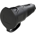 A black tactical flashlight with a circular lens cover and a carry loop, shown on a plain white background.