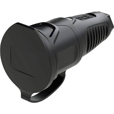 A black tactical flashlight with a circular lens cover and a carry loop, shown on a plain white background.