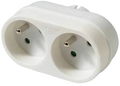 A white plastic double European outlet adapter plug on a plain white background.