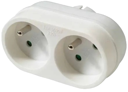 A white plastic double European outlet adapter plug on a plain white background.