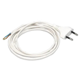 A white coiled power cord with a two-pin European plug on one end and bare wire exposed on the other, shown on a plain white background.