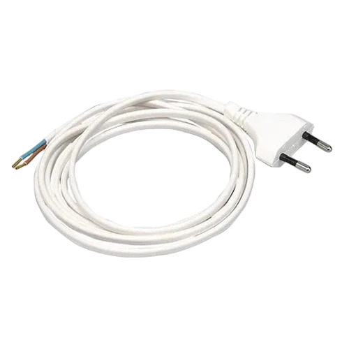 A white coiled power cord with a two-pin European plug on one end and bare wire exposed on the other, shown on a plain white background.