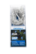 Grundig 50 LED Christmas string lights in a clear plastic package with a blue and white cardboard label.