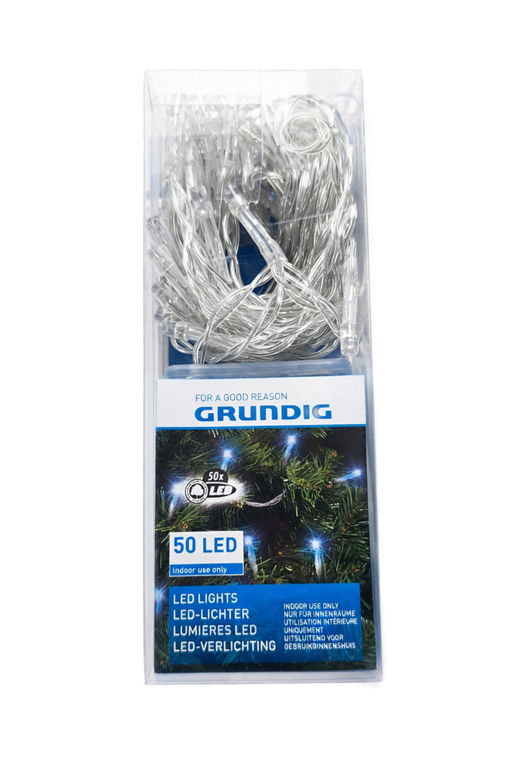 Grundig 50 LED Christmas string lights in a clear plastic package with a blue and white cardboard label.