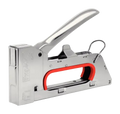 Metal staple gun with a red handle on a white background