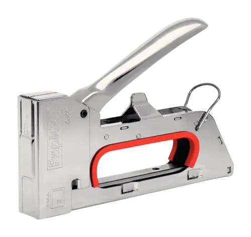 Metal staple gun with a red handle on a white background