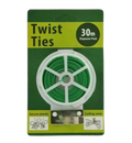 Twist Ties 30m dispenser pack with green coiling wire on a white spool, packaged in a green and yellow cardboard sleeve.