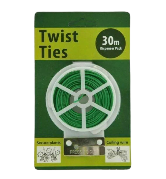Twist Ties 30m dispenser pack with green coiling wire on a white spool, packaged in a green and yellow cardboard sleeve.
