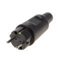 A black electrical plug adapter with two metal pins, shown on a plain white background.