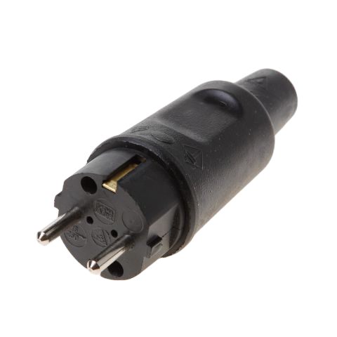 A black electrical plug adapter with two metal pins, shown on a plain white background.
