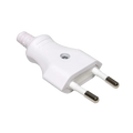 A white plastic electrical plug adapter with two silver metal pins, shown on a plain white background.
