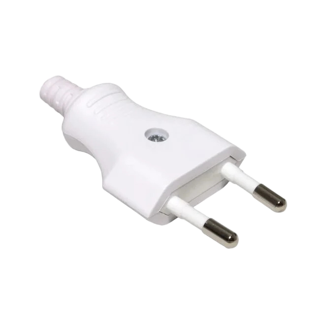 A white plastic electrical plug adapter with two silver metal pins, shown on a plain white background.