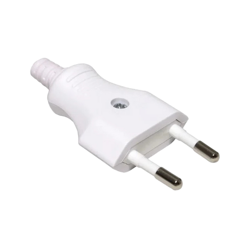 A white plastic electrical plug adapter with two silver metal pins, shown on a plain white background.