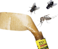 A close-up of a tan adhesive fly trap strip being applied to the open end of a yellow tube labeled 'KILL FLY CATCHER'. Three insects, including a fly and a mosquito, are shown flying around the product on a plain white background.